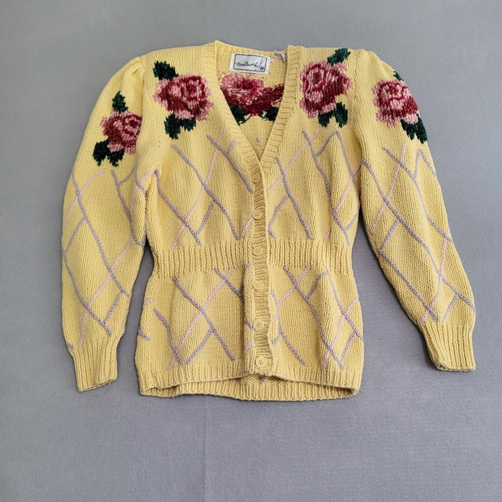 VTG Hand Knitted Floral Print Sweater Cardigan Women's L Cottage Granny Core